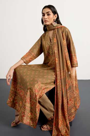 Buy_RI.Ritu Kumar_Beige Dupion, Satin, Viscose, Spandex, Chinon Nazia Print Kurta Set 