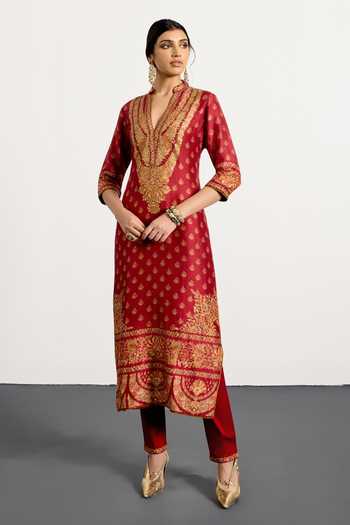 RI.Ritu Kumar_Red Dupion, Satin, Viscose, Spandex, Chinon Split Nazia Floral Print Kurta Set _Online_at_Aza_Fashions