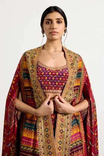 RI.Ritu Kumar_Multi Color Dupion, Crepe, Rayon Gulzar Garden Print Cape Palazzo Set _Online_at_Aza_Fashions