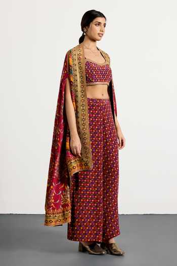 Shop_RI.Ritu Kumar_Multi Color Dupion, Crepe, Rayon Gulzar Garden Print Cape Palazzo Set _Online_at_Aza_Fashions