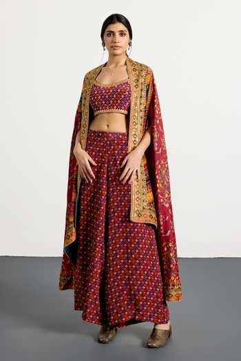 RI.Ritu Kumar_Multi Color Dupion, Crepe, Rayon Gulzar Garden Print Cape Palazzo Set _at_Aza_Fashions