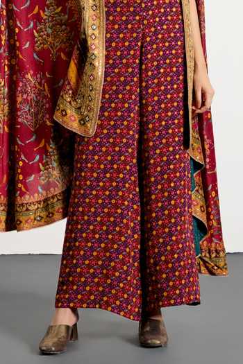 Buy_RI.Ritu Kumar_Multi Color Dupion, Crepe, Rayon Gulzar Garden Print Cape Palazzo Set 