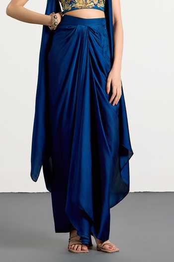 RI.Ritu Kumar_Blue Silk, Satin, Viscose, Spandex Halter Neck Embroidered Blouse Skirt Set _Online_at_Aza_Fashions