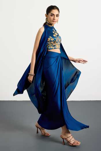 Buy_RI.Ritu Kumar_Blue Silk, Satin, Viscose, Spandex Halter Neck Embroidered Blouse Skirt Set _Online_at_Aza_Fashions