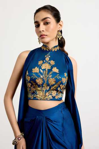Buy_RI.Ritu Kumar_Blue Silk, Satin, Viscose, Spandex Halter Neck Embroidered Blouse Skirt Set 