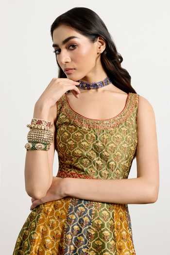 RI.Ritu Kumar_Green Silk, Chanderi, Satin, Viscose, Spandex, Mughal Butti Print Anarkali Set _Online_at_Aza_Fashions