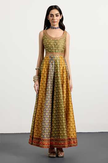 Buy_RI.Ritu Kumar_Green Silk, Chanderi, Satin, Viscose, Spandex, Mughal Butti Print Anarkali Set _Online_at_Aza_Fashions