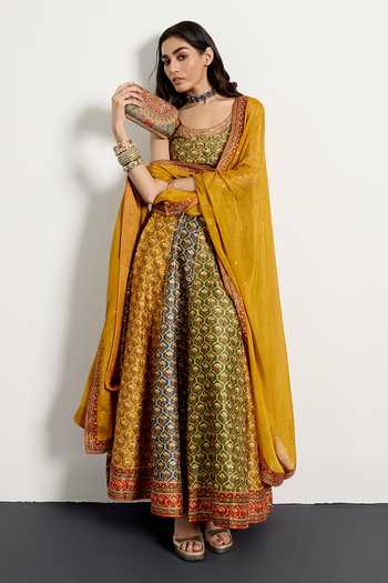 Shop_RI.Ritu Kumar_Green Silk, Chanderi, Satin, Viscose, Spandex, Mughal Butti Print Anarkali Set _Online_at_Aza_Fashions