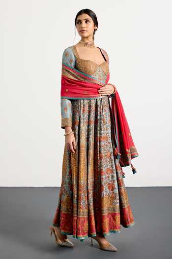 RI.Ritu Kumar_Blue Dupion, Satin, Viscose, Spandex, Silk, Chinon Abha Printed Anarkali Set _Online_at_Aza_Fashions