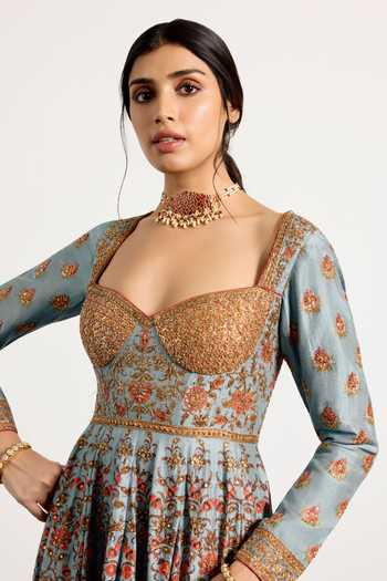 RI.Ritu Kumar_Blue Dupion, Satin, Viscose, Spandex, Silk, Chinon Abha Printed Anarkali Set _at_Aza_Fashions