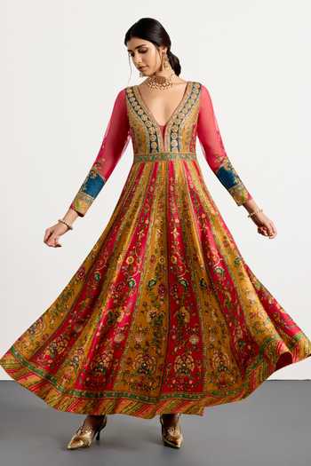 Buy_RI.Ritu Kumar_Multi Color Dupion, Viscose, Satin, Spandex, Mauricia Floral Print Anarkali Set _Online_at_Aza_Fashions