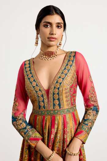 RI.Ritu Kumar_Multi Color Dupion, Viscose, Satin, Spandex, Mauricia Floral Print Anarkali Set _at_Aza_Fashions