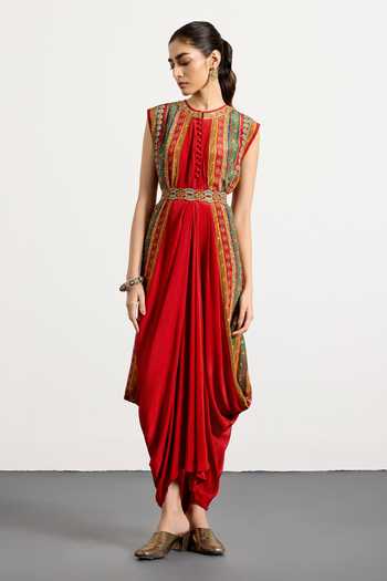 RI.Ritu Kumar_Red Crepe, Rayon Round Neck And Multi Mauricia Dress With Belt _Online_at_Aza_Fashions