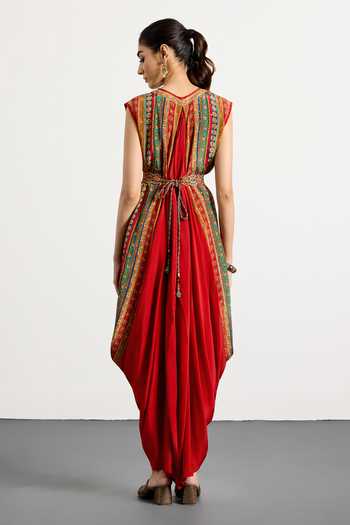 RI.Ritu Kumar Red & Multi Mauricia Dress With Belt 