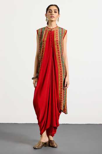 Buy_RI.Ritu Kumar_Red Crepe, Rayon Round Neck And Multi Mauricia Dress With Belt _Online_at_Aza_Fashions