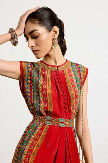 Shop_RI.Ritu Kumar_Red Crepe, Rayon Round Neck And Multi Mauricia Dress With Belt _Online_at_Aza_Fashions