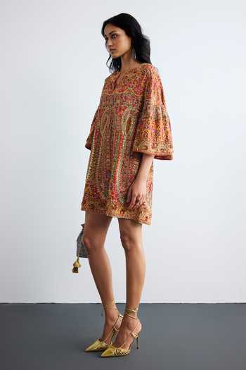 RI.Ritu Kumar_Red Crepe, Dupion Round , Keyhole Embroidered Juhu Dress _Online_at_Aza_Fashions