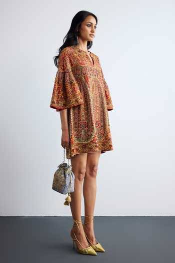 Buy_RI.Ritu Kumar_Red Crepe, Dupion Round , Keyhole Embroidered Juhu Dress _Online_at_Aza_Fashions