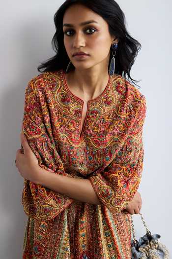 Shop_RI.Ritu Kumar_Red Crepe, Dupion Round , Keyhole Embroidered Juhu Dress _Online_at_Aza_Fashions