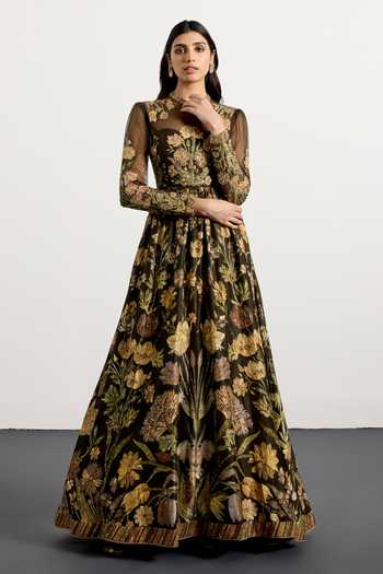 RI.Ritu Kumar_Green Net, Dupion Round , High Antique Floral Print Dress _Online_at_Aza_Fashions