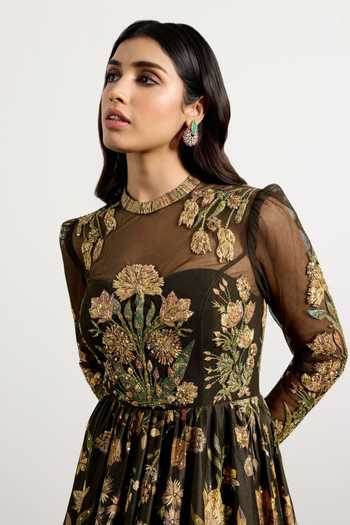 Shop_RI.Ritu Kumar_Green Net, Dupion Round , High Antique Floral Print Dress _Online_at_Aza_Fashions