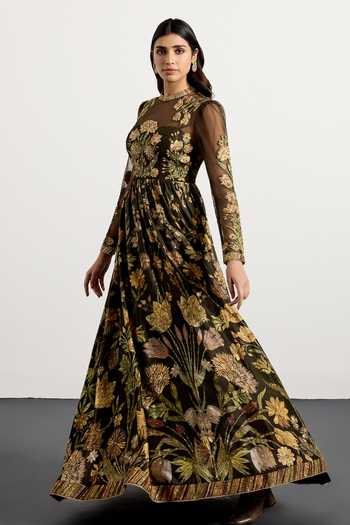 RI.Ritu Kumar_Green Net, Dupion Round , High Antique Floral Print Dress _at_Aza_Fashions