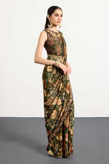 RI.Ritu Kumar_Green Silk, Crepe, Net Round Neck Printed Pre-draped Saree With Blouse _Online_at_Aza_Fashions
