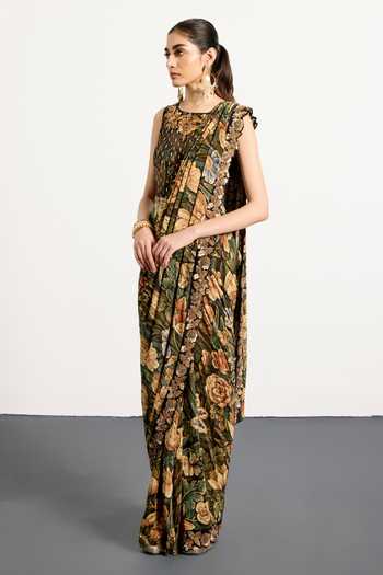 Buy_RI.Ritu Kumar_Green Silk, Crepe, Net Round Neck Printed Pre-draped Saree With Blouse _Online_at_Aza_Fashions