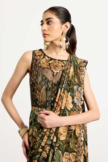 Shop_RI.Ritu Kumar_Green Silk, Crepe, Net Round Neck Printed Pre-draped Saree With Blouse _Online_at_Aza_Fashions