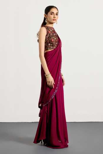 RI.Ritu Kumar_Burgundy Silk, Velvet, Viscose, Chinon Prune Zergul Pre-draped Saree With Blouse _Online_at_Aza_Fashions