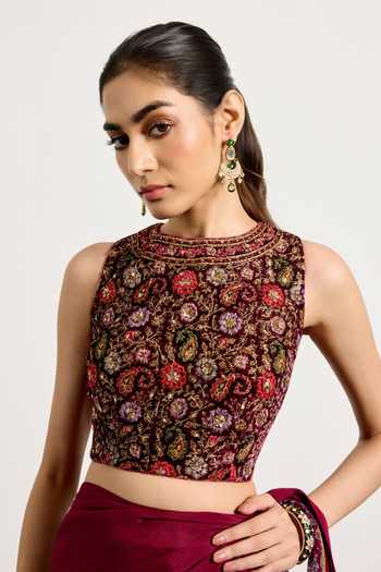 Buy_RI.Ritu Kumar_Burgundy Silk, Velvet, Viscose, Chinon Prune Zergul Pre-draped Saree With Blouse _Online_at_Aza_Fashions