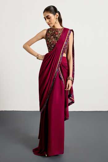 Shop_RI.Ritu Kumar_Burgundy Silk, Velvet, Viscose, Chinon Prune Zergul Pre-draped Saree With Blouse _Online_at_Aza_Fashions