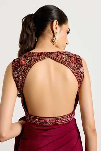 RI.Ritu Kumar_Burgundy Silk, Velvet, Viscose, Chinon Prune Zergul Pre-draped Saree With Blouse _at_Aza_Fashions