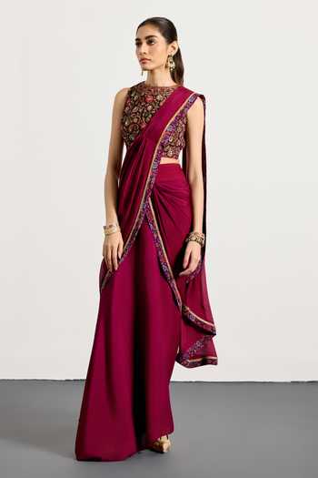 Buy_RI.Ritu Kumar_Burgundy Silk, Velvet, Viscose, Chinon Prune Zergul Pre-draped Saree With Blouse 