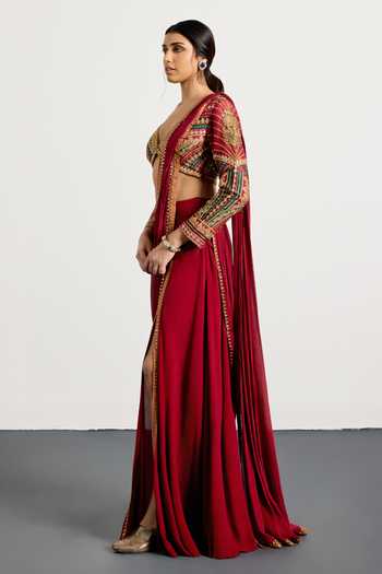 RI.Ritu Kumar_Burgundy Viscose, Chinon, Dupion Gulzar Garden Pre-draped Saree With Blouse _Online_at_Aza_Fashions