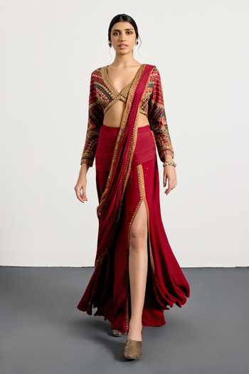 Buy_RI.Ritu Kumar_Burgundy Viscose, Chinon, Dupion Gulzar Garden Pre-draped Saree With Blouse _Online_at_Aza_Fashions