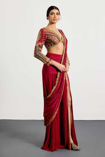 Shop_RI.Ritu Kumar_Burgundy Viscose, Chinon, Dupion Gulzar Garden Pre-draped Saree With Blouse _Online_at_Aza_Fashions