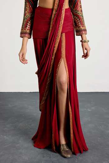 RI.Ritu Kumar_Burgundy Viscose, Chinon, Dupion Gulzar Garden Pre-draped Saree With Blouse _at_Aza_Fashions