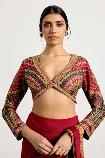 Buy_RI.Ritu Kumar_Burgundy Viscose, Chinon, Dupion Gulzar Garden Pre-draped Saree With Blouse 