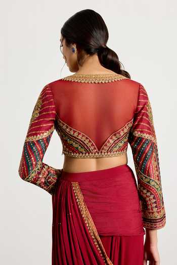Shop_RI.Ritu Kumar_Burgundy Viscose, Chinon, Dupion Gulzar Garden Pre-draped Saree With Blouse 