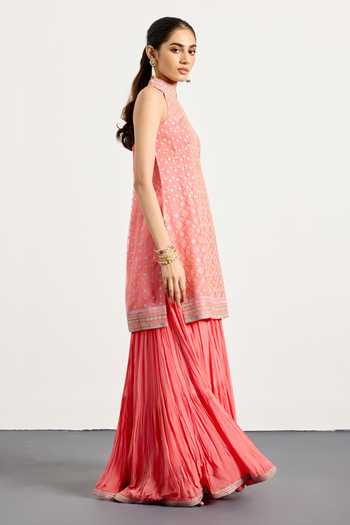 RI.Ritu Kumar_Coral Silk, Tissue, Net High , Keyhole Kashish Kurta Skirt Set _Online_at_Aza_Fashions