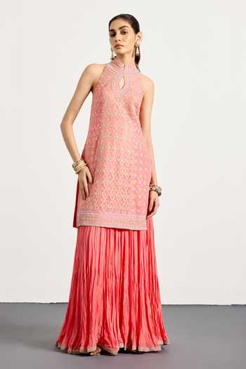 Buy_RI.Ritu Kumar_Coral Silk, Tissue, Net High , Keyhole Kashish Kurta Skirt Set _Online_at_Aza_Fashions