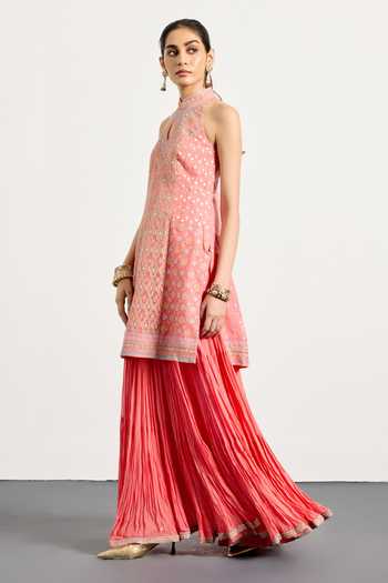 Shop_RI.Ritu Kumar_Coral Silk, Tissue, Net High , Keyhole Kashish Kurta Skirt Set _Online_at_Aza_Fashions