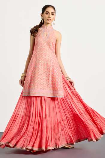 RI.Ritu Kumar_Coral Silk, Tissue, Net High , Keyhole Kashish Kurta Skirt Set _at_Aza_Fashions