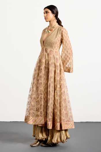 RI.Ritu Kumar_Pink Silk Organza, Tissue, Net, Polyester V-neck, Cheepa Printed Kurta Skirt Set _Online_at_Aza_Fashions