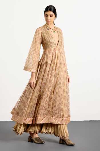 Shop_RI.Ritu Kumar_Pink Silk Organza, Tissue, Net, Polyester V-neck, Cheepa Printed Kurta Skirt Set _Online_at_Aza_Fashions