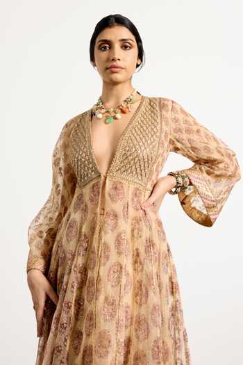 RI.Ritu Kumar_Pink Silk Organza, Tissue, Net, Polyester V-neck, Cheepa Printed Kurta Skirt Set _at_Aza_Fashions