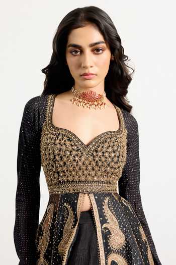 RI.Ritu Kumar_Black Silk Organza, Dupion, Chinon Sweetheart Paisley Print Anarkali Skirt Set _Online_at_Aza_Fashions
