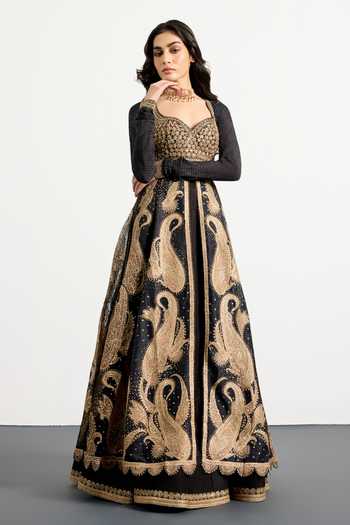 Buy_RI.Ritu Kumar_Black Silk Organza, Dupion, Chinon Sweetheart Paisley Print Anarkali Skirt Set _Online_at_Aza_Fashions