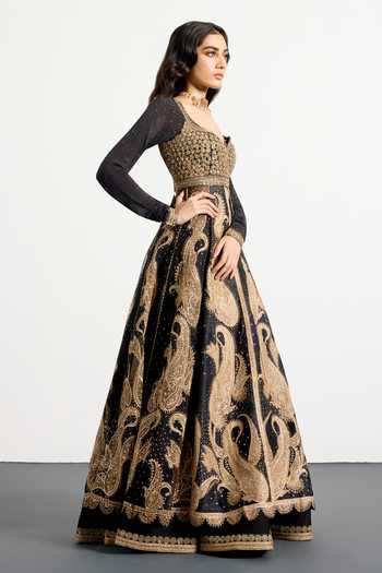 Shop_RI.Ritu Kumar_Black Silk Organza, Dupion, Chinon Sweetheart Paisley Print Anarkali Skirt Set _Online_at_Aza_Fashions